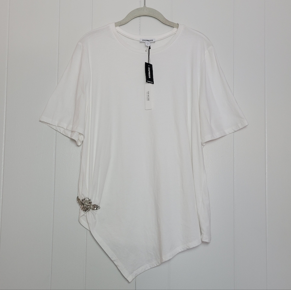 NWT Express Asymmetrical Brooch Side Shirt White & Silver Jewel Accent Cotton XL - Picture 3 of 12